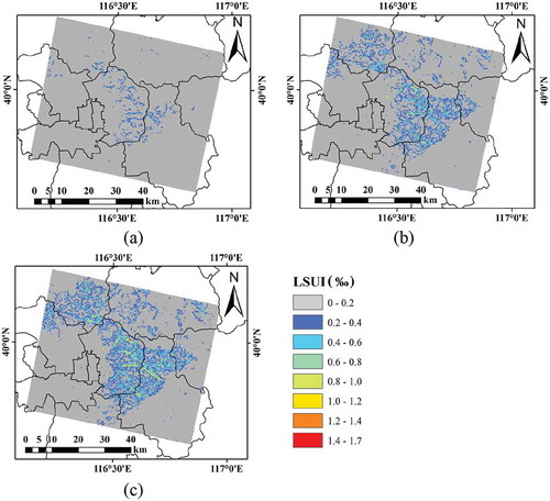 Figure 8. Spatial unevenness of land subsidence represented by land subsidence unevenness index during (a) 2004–2010, (b) 2004–2014, and (c) 2004–2017.