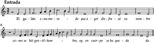 Ejemplo 3 Gaspar Fernández, ‘El galán enamorado’, Villancico a 3, tiple solo, cc. 1–14.Footnote46Transcripción musical de la autora.
