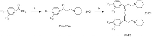 Scheme 1. Synthesis of N,N′-Bis[1-aryl-3-(piperidine-1-yl)propylidene]hydrazine dihydrochlorides, P1–P8. Reagents and conditions: (a) paraformaldehyde, piperidine HCl, HCl (37%) and EtOH, 4–9 h, for P1m, P3m–P8m; acetic acid (99%), 22 h, for P2m; (b) Ethanolic acetic acid (3% w/v), hydrazine hydrate for P1–P8. R1 = R2 = H (P1); R1 = CH3, R2 = H (P2); R1 = CH3O, R2 = H (P3); R1 = OH, R2 = H (P4); R1 = Cl, R2 = H (P5); R1 = H, R2 = CH3O (P6); R1 = F, R2 = H (P7); R1 = Br, R2 = H (P8).