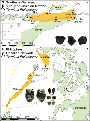 Figure 2. Terminal Pleistocene obsidian networks in Wallacea. a) The southern Wallacean ‘Group 1’ network incorporating the islands of Alor, Atauro, Timor, and Kisar. Graph inset from Reepmeyer et al. (Citation2019: fig. 6), photo inset from Maloney et al. (Citation2018): Figure 4). b) The Philippine island network incorporating the islands of Palawan and Ilin (Mindoro). Photo inset from Neri et al. (Citation2015):Figure 3). The dotted line indicates possible extent of the networks.