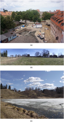 Figure 2. (a) Excavations in 2013 at the Castle Museum, Elbląg, Poland (photograph Archaeology and History Museum, Elbląg), in the area that was the outer bailey of the Teutonic Order castrum; (b) The walls and gate of Karski castle, Estonia, its only standing remains (photograph Alex Brown); (c) Karksi castle from across the River Halliste (photograph Alex Brown).