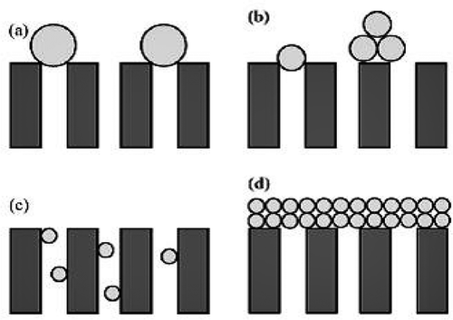 Figure 1. Schematic representation of blocking mechanisms: (a) complete pore-blocking model, (b) intermediate blocking model, (c) standard blocking model and (d) cake layer formation model.