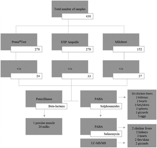 Figure 1. Post-screening identification of beta-lactams and sulphonamides in the positive samples with penicillinase and PABA by using the Premi®Test, EXP Ampulle test and Milchtest.+/±, positive/dubious result; PABA, p-aminobenzoic acid; LC-MS/MS, Liquid Chromatography Tandem Mass Spectrometry.