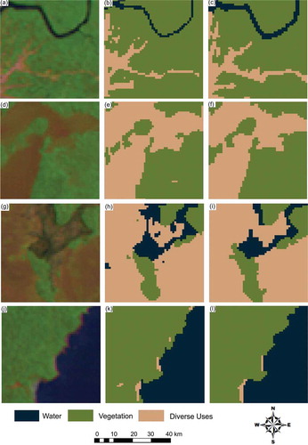 Figure 8. Satellite images used for testing segmentation (left), details of manual mapping of land use and occupation (center), and details of image segmentation (right).
