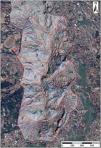 Figure 9. Hydrographic network (in blue) and hydrographic basins (in red) of the Analamanga hill. Source: Author