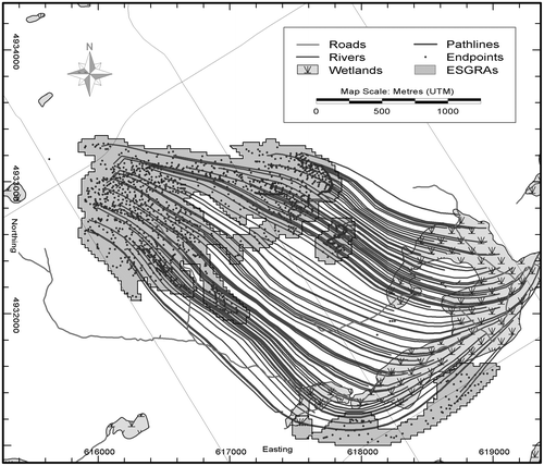 Figure 5. Example of particle-tracking from a significant study area feature (Bluffs Creek West wetland, Ontario, Canada) backward to areas of local recharge. ESGRAs: ecologically significant groundwater recharge areas.