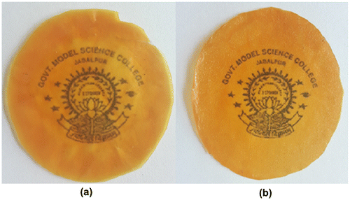 Figure 3. The optical images of (a) plain and (b) drug loaded films.