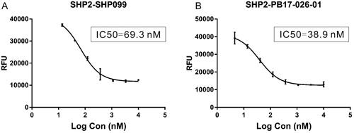 Figure 2. IC50 (half maximal inhibitory concentration) of inhibitors determined by dose–response assay for SHP2. (A) Dose–inhibition curve of SHP099. (B) Dose–inhibition curve of PB17-026-01.