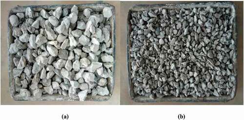 Figure 5. Carbonated recycled coarse aggregates (a) 10 mm size and (b) 20 mm size