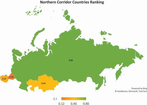 Figure 16. Map based on C.I of countries in northern corridor (higher value, higher importance)