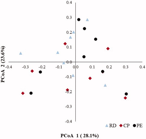 Figure 2. Principal coordinates analysis (PCoA) of microbial communities for the fecal samples of dogs fed RD, CP and PE diets. The figure shows a PCoA plot based on Bray Kurtis dissimilarity matrix. Analysis of similarity (ANOSIM) between the three groups was significant (p < .05). RD, reference diet: beef meat, corn, rice, animal fats, hydrolyzed animal protein, beet pulp, linseed, mineral and vitamin complex. CP, chickpeas based diet: rice flour, chickpeas flour, oat flakes, dried grounded carrots, algae-derived omega 3 fatty acids, mineral and vitamin complex, beef meat. PE, peas based diet: rice flour, peas flour, oat flakes, dried grounded carrots, algae-derived omega 3 fatty acids, mineral and vitamin complex, beef meat.