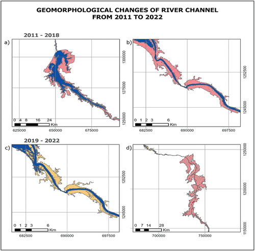 Figure 9. Geomorphological changes of the river channel. The erosion of the river channel in 2018 compared to 2011 in section C is represented in hatched red (a and b). Deposition areas are illustrated in yellow color and represent contraction of river channel in 2022 compared to 2019 (c). The erosion of the river channel in 2022 (compared to 2019) in section B is represented in (d).