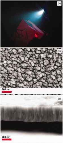Figure 1. (Colour online) (a) Digital image of plume from P25 target, (b) SEM image top view and (c) SEM image cross section of TiO2 deposited at 500°C for 60 min.