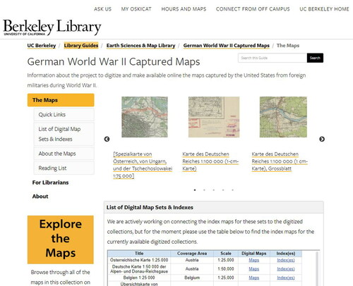 Figure 3. UC Berkeley Library’s LibGuide, created to accompany the soft launch of the German World War II Captured Maps digital collection, includes highlights from the collection, links to set indexes, and a reading list.