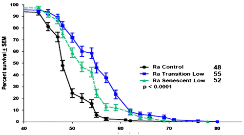 Figure 2. Survival curves of females fed 10 mM NaBu at 21 days (start of transition span (<90 days)) or 42 days (start of senescent span (<80% survival)). The graph is rescaled so as to better show the late-life effects of NaBu. Both control vs. transition (log rank test, X2 = 52.98, 1 df, p < 0.0001) or control vs. senescent (X2 = 38.52, 1 df, p < 0.0001) are highly significant, but treatment starting with the transition span has a greater positive effect on late-life longevity than if given in later life (from McDonald et al. Citation2013).