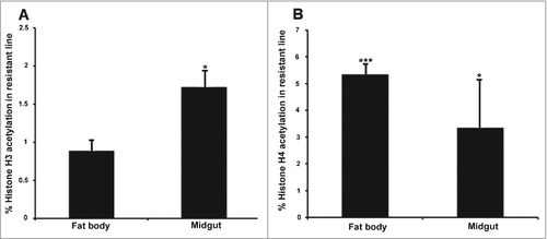 Figure 3. Midgut and fat body-specific changes in global histone H3 and H4 acetylation in uninfected Bt-resistant G. mellonella larvae. Global histone (A) H3 and (B) H4 acetylation levels in the midgut and fat body of uninfected Bt-resistant G. mellonella larvae relative to uninfected susceptible larvae. Data are means of 3 independent experiments with standard deviations (# p < 0.05, ### p < 0.0005- compared with uninfected susceptible line for the same organ)