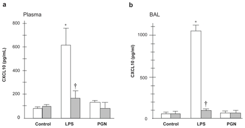 Figure 6 CXCL10 concentration in plasma and BAL fluid. LPS-induced increase in CXCL10 in plasma and BAL fluid was attenuated by the absence of TLR4 (p < 0.01). PGN did not upregulate CXCL10 in plasma or BAL fluid.Notes: Open columns, C3H/HeN mice; Gray columns, C3H/HeJ mice; Data are presented as the mean ± SEM (n = 6); *p < 0.05 versus control; †p < 0.05 versus C3H/HeN mice.Abbreviations: BAL, bronchoalveolar lavage; LPS, lipopolysaccharide; PGN, peptidoglycan; SEM, standard error of mean; TLR4, Toll-like receptor 4.