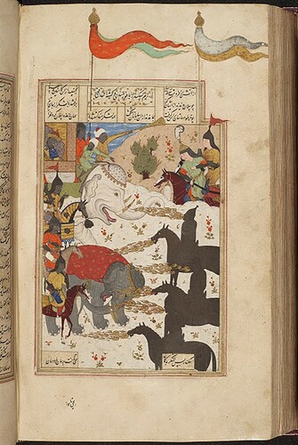 Figure 5. This copy of the Shahnameh, dated 949AH/1542AD, is said to have belonged to the Kings of Oudh. It formed the basis of Turner Macan’s 1829 edition and later belonged to Edward Craven Hawtrey, Provost of Eton. It was purchased by Lindsay in 1854. Persian MS 932, fol. 381b. Copyright The University of Manchester.