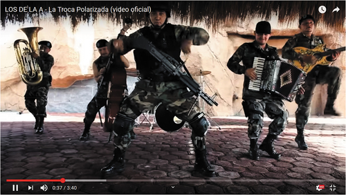Figure 5. Los de la A demonstrate their over-the-top dance moves in La troca polarizada (2014). c. Los de la A. Posted on YouTube by los de la A Oficial.