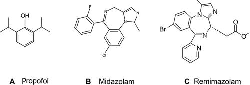Figure 1 Chemical structures of propofol (A), midazolam (B), and remimazolam (C).