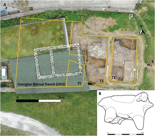 Figure 12. A) Excavation trenches and stone foundations identified in Bagrati and B) drawing of animal figurine from Bagrati (Photo credit: R Bieńkowski; processing by M. Holappa, J. Hamburg and R. Isakadze; drawing by K. Pawłowska).
