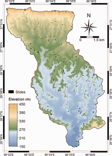 Figure 5. DEM of Charnath catchment in the Siwaliks with 101 scars of recent landslides. Available in colour online.