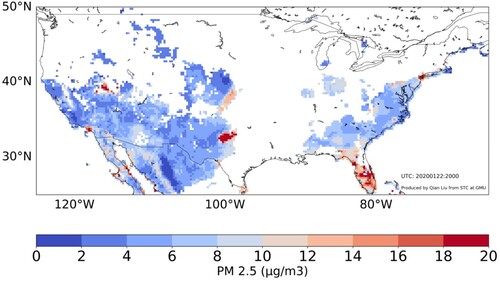 Figure 4. PM2.5 values are retrieved from GOES-16/17 and MERRA-2 data based on ground observations and AI/ML models/algorithms.