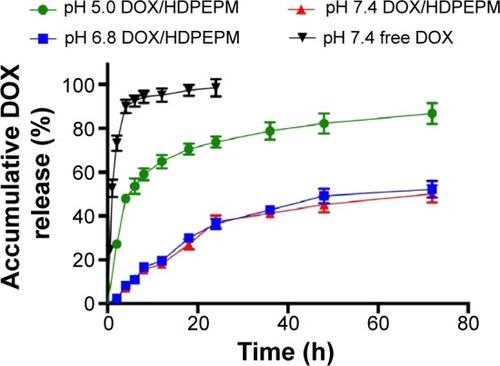 Figure 5 Release profile of DOX from DOX/HDPEPM or free DOX incubated at pH 5.0, pH 6.8, or pH 7.4 (n=3).Abbreviations: DOX, doxorubicin; HDPEPM, nanoconjugate formed by covalent attachment of fragment HAb18 F(ab′)2 and 2,3-dimethylmaleic anhydride to polyethylenimine-modified poly(β-L-malic acid).