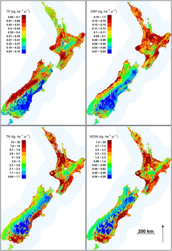 Figure 5. Spatial distribution of predicted current nutrient yields derived from the random forest models. All 560,000 segments making up the digital river network are shown. Colour scales differ by nutrient and divide the range in predicted values into quantiles.