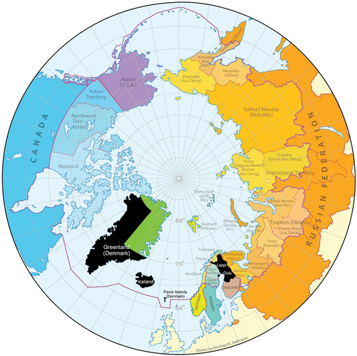 Figure 4. Map of the Arctic administrative areas and the Nordic birth cohorts located in the Arctic area (marked as black).Footnote6
