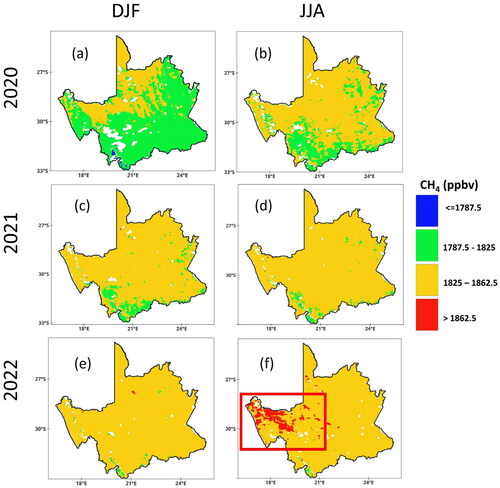 Figure 2. Seasonal spatial distribution of CH4 concentration for the period 2020–2023.