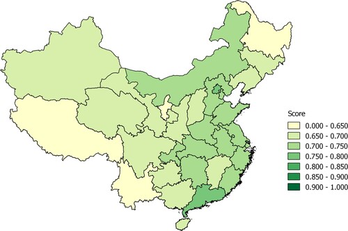 Figure 2. Integrated sustainable development (ISD) index in China’s provinces, 2019.Source: Authors’ elaboration based on ISD data, represented with geographical information system (GIS) software.