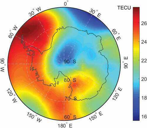 Figure 2. VTEC distribution 450 km above Antarctica at 0:00 UTC, 1 January 2012. One TEC unit (TECU) = 1016 electrons/m2