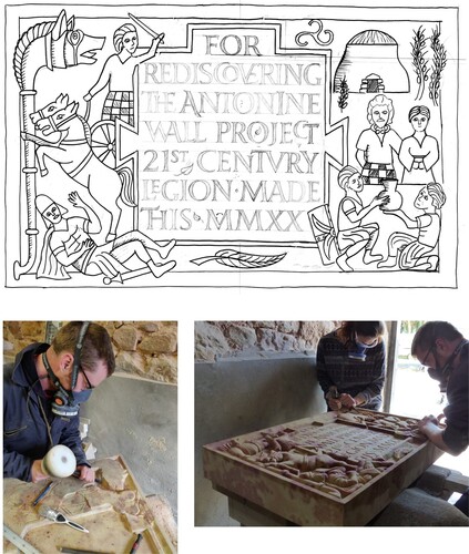 Figure 12 Original drawing (top), roughing out (bottom left), and articulation (bottom right) of the new Antonine Wall sculpture by stone artists Josephine Crossland and Luke Batchelor.top: © Josephine Crossland and Luke Batchelor