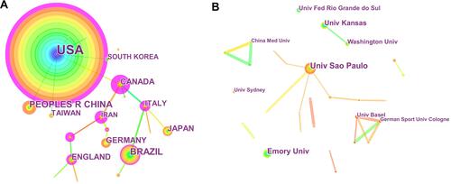 Figure 6 The analysis of countries/regions and institutions. (A) Network map of countries/regions engaged in exercise and neuropathic pain research. (B) Network map of institutions engaged in exercise and neuropathic pain research.