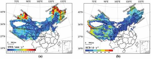 Figure 5. Spatial distribution of annual (a) averaged SWE and (b) snow cover days (SCD) during the period 1980–2018.