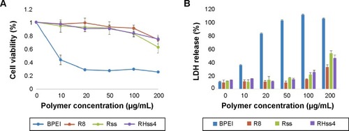 Figure 10 Comparison of the cytotoxicities of R8, Rss, RHss4, and BPEI on HEK293T cells.Notes: (A) CCK-8 assay. (B) LDH release assay. Data are expressed as mean ± SD (n=3).Abbreviations: CCK, Cell Counting Kit; BPEI, branched polyethylenimine; LDH, lactate dehydrogenase; RHss, reducible chimeric polypeptide containing two functional peptides: octa-d-arginine and tetra-l-histidine peptides; Rss, single cross-linked R8 peptide; SD, standard deviation.