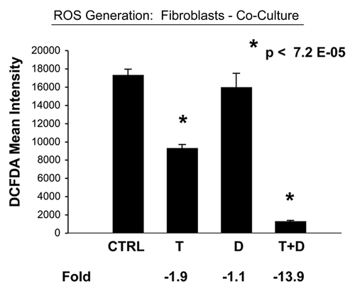 Figure 12 Tamoxifen plus Dasatinib reduces ROS activity in fibroblasts co-cultured with MCF7 cells. MCF7 breast cancer cells were co-cultured with fibroblasts, and then subjected to drug treatment with Tamoxifen (T; 12 µM) or Dasatinib (D; 2.5 nM), individually or in combination. ROS production in fibroblasts was then quantitated by FACS analysis, using DCF-DA as a probe. tamoxifen plus Dasatinib (T + D) has a clear synergistic anti-oxidant effect, significantly decreasing ROS activity ∼14-fold in fibroblasts in co-culture. CTRL (control), represents co-cultured fibroblasts, treated with vehicle alone.