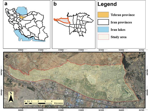 Figure 2. Location of the study area in Tehran province (A), the districts of Tehran (B) and district no. 22 of Tehran (C).