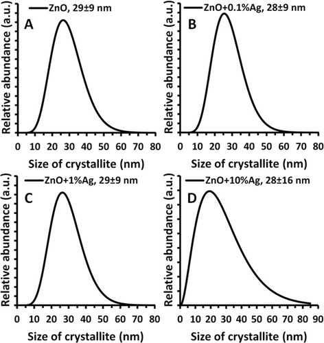 Figure 4 Crystallite size distribution obtained using Nanopowder XRD Processor Demo, pre.α.ver.0.0.8, © Pielaszek Research.Citation38,Citation41Abbreviations: XRD, X-ray diffraction; ZnO, zinc oxide; Ag, silver; a.u., arbitrary unit; nm, nanometer.