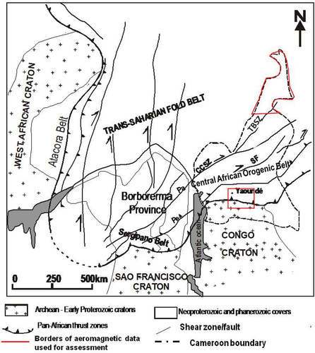 Figure 1. Geological reconstruction map of West African and NE Brazil Pan-African domains (Castaing et al. Citation1993). Cameroon borders are depicted as dashed lines and the aeromagnetic data used for comparison with the global geomagnetic models are represented by the red polygon. CCSZ: Central Cameroon Shear Zone; SF: Sanaga Fault; TBSZ: Tchollire Banyo shear zone; Pa: Patos shear zone; Pe: Pernambuco shear zone.