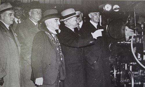 Figure 5. Ludwig Loewy, far right, was a VIP guest at the opening of the Heavy Tube Department at the Chesterfield Tube Company in December 1938. The First Lord of the Admiralty, Lord Stanhope, is partly hidden behind Ludwig’s right shoulder. The man with the extended hand is Sir William Talbot, Chairman of Chesterfield Tube (Photograph by Mr. J. O. Cannam. Chesterfield, CT39).