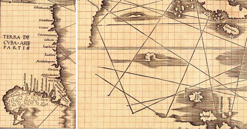 Figure 7. Detail of Waldseemüller’s 1516 Carta marina depicting North America as a part of Asia (left) and the southern part (right) (Library of Congress Washington, Geography and Map Division)