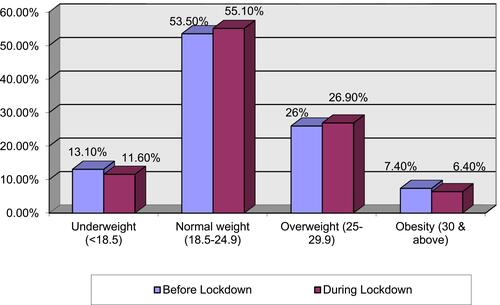 Figure 1 BMI of the students before and during COVID-19 lockdown.