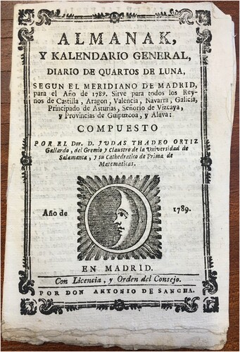 Figura 1 Portada del Almanak, y Kalendario General […] para el Año de 1789. Biblioteca particular.