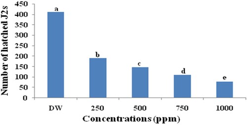 Figure 3. Effect of several concentrations of the leaf extract of I. carnea on J2s hatching of M. incognita over 4 days of incubation period under in vitro. Each value is an average of six replicates. Each bar followed by the same letter is not significantly different according to Duncan’s multiple-range test (p ≤ 0.05). [DW – distilled water; (Control); J2s – second stage juveniles; ppm – parts per million].