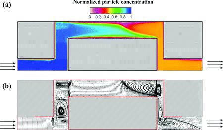 Figure 5 (a) Particle concentration distribution of 30.6-nm particles at the applied voltage of 4.55 V. (b) Flow streamlines at the rotational speed of 6406 rpm.