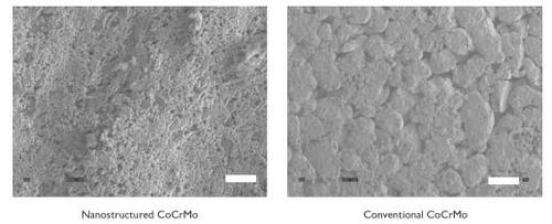 Figure 3 Scanning electron microscopy images of CoCrMo compacts. Increased nanostructured surface roughness was observed on nanostructured compared with conventional CoCrMo. Bar = 1 μm for nanostructured CoCrMo and 10 μm for conventional CoCrMo.