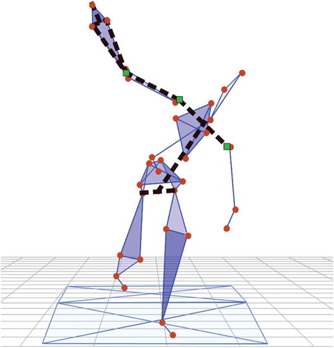 Figure 2. Geometric models of the Gasparutto model (blue mesh, spherical markers) and of the Fleisig model (black, dashed lines, square markers) at ball release