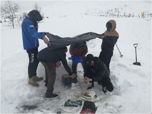 Fig. 4. Syrian men outside a cabin, making dinner on the barbecue they had brought from their home country (identifying factors have been edited out) (Photo: S. Anderson, 2018)